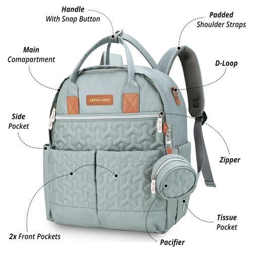 Little Story Quilted Diaper Backpack W/ Pacifier Bag And Stroller Hooks-Wedgewood Green