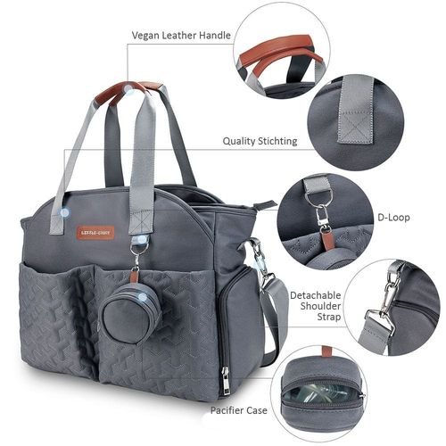 Little Story Quilted Diaper Bag W/ Pacifier Pouch-Dark Grey
