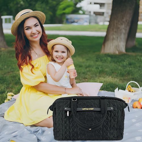 Little Story Quilted Diaper Bag W/ Shoulder Strap-Black