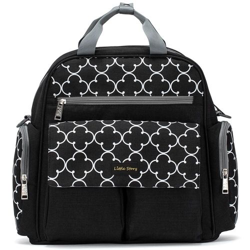 Little Story Convertible Diaper Bag W/ Zipper Pouch, Stroller Hooks & Changing Mat -Black