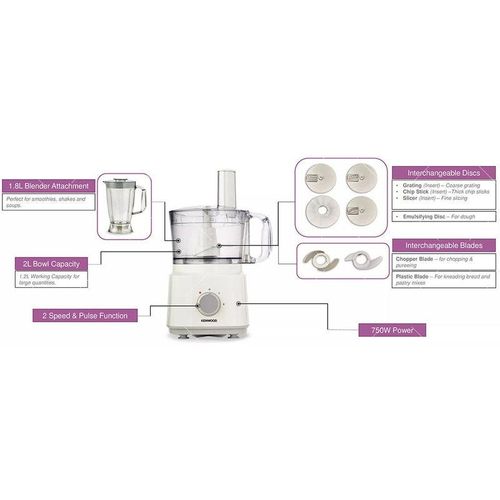 Food Processor Multi-Functional With 3 Interchangeable Disks, Blender, Whisk, Dough Maker 1.8 L 750 W FDP03.C0WH White