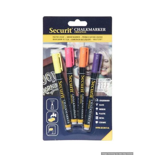 Securit Liquid Chalkmarker Tropical 1-2mm Nib Yellow, Pink, Orange & Violet Pack of 4