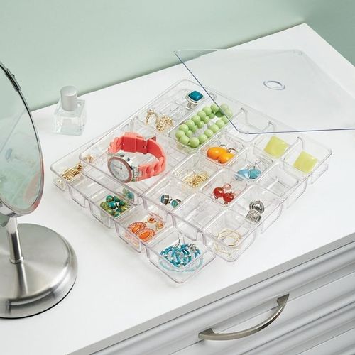 Idesign Linus Plastic Bpa-Free Fashion Jewelry Vanity And Drawer Organizer, Tray For Rings, Earrings, Bracelets, Necklaces, 8.75" X 7.75" X 2.75", Set Of 3, Clear