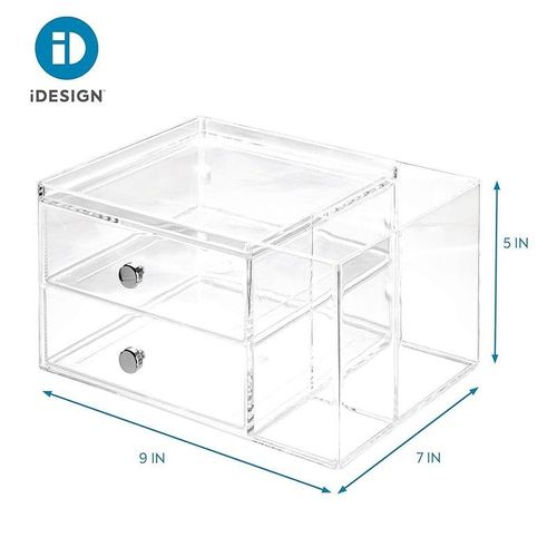 Idesign Plastic Vanity, Compact Storage Set Compartments For Cosmetics, Dental Supplies, Hair Care, Bathroom, Dorm, Desk, Countertop, Office, 6.5" X 6.5", 2 Drawer-Side Organizer