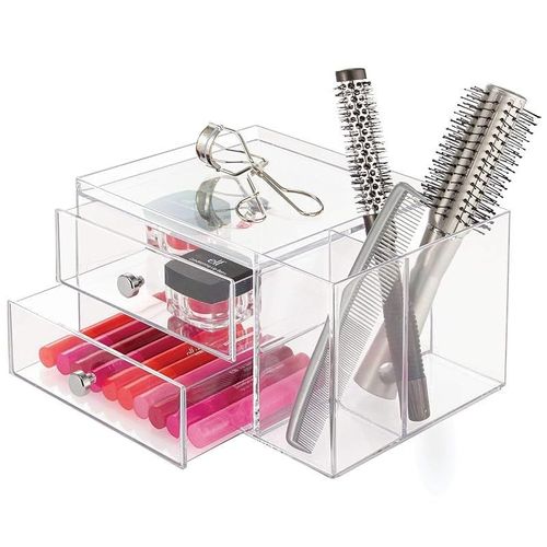 Idesign Plastic Vanity, Compact Storage Set Compartments For Cosmetics, Dental Supplies, Hair Care, Bathroom, Dorm, Desk, Countertop, Office, 6.5" X 6.5", 2 Drawer-Side Organizer