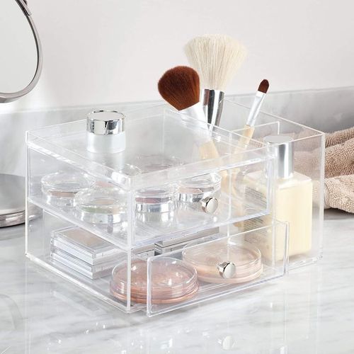 Idesign Plastic Vanity, Compact Storage Set Compartments For Cosmetics, Dental Supplies, Hair Care, Bathroom, Dorm, Desk, Countertop, Office, 6.5" X 6.5", 2 Drawer-Side Organizer