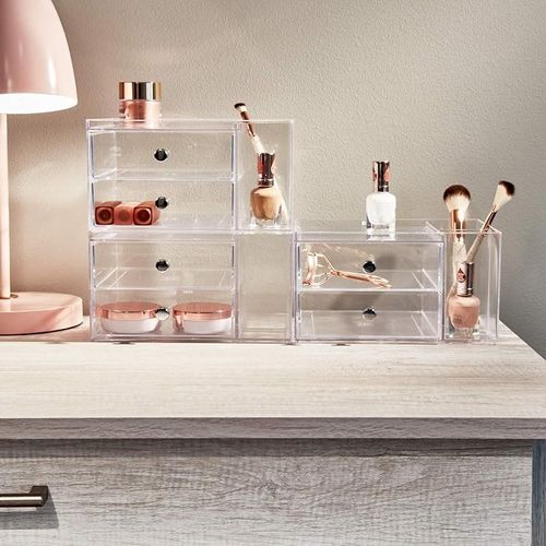Idesign Plastic Vanity, Compact Storage Set Compartments For Cosmetics, Dental Supplies, Hair Care, Bathroom, Dorm, Desk, Countertop, Office, 6.5" X 6.5", 2 Drawer-Side Organizer