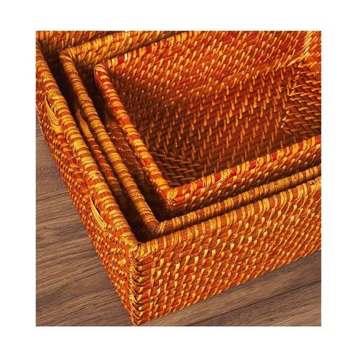 Copper Rattan Storage Bins With Handles Large 38x28x18cm
