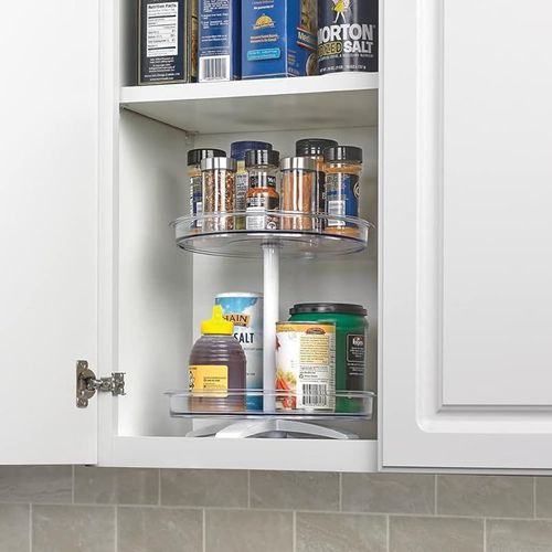 Polder 2-Tier Spinner Caddy, 365 degree turntable, clear lazy susan, for under sink, cabinet or pantry storage