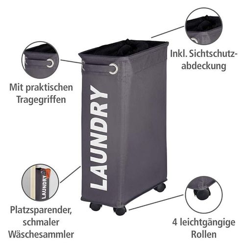 Wenko, Laundry Bin Corno, Polyester, Home &amp; Bedroom Clothes Hamper, Slim Space Saving With Large Capacity, 43 Litres, 18.5X60X40Cm, Dark Grey