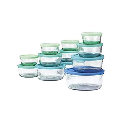 Anchor 10613AHG17 Hocking Company Food Storage Set 24PC, Container is clear, lids are either green or blue