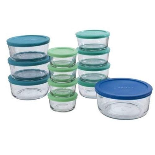 Anchor 10613AHG17 Hocking Company Food Storage Set 24PC, Container is clear, lids are either green or blue