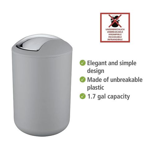 Wenko Swing Cover Bin Brasil, Plastic, Home And Bathroom Waste Trash Can, Lidded Dustbin, Lightweight &amp; Sturdy, 6.5 Litre, 19.5X19.5X31Cm, Grey