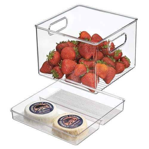 Idesign Id03113Es Set Of 2 Kitchen Bin With Removable Divided Tray For Food Storage, Clear, H 6.12 X W 8.0 X D 8.0 Inches, Plastic