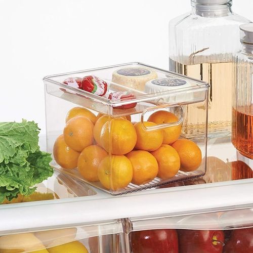 Idesign Id03113Es Set Of 2 Kitchen Bin With Removable Divided Tray For Food Storage, Clear, H 6.12 X W 8.0 X D 8.0 Inches, Plastic