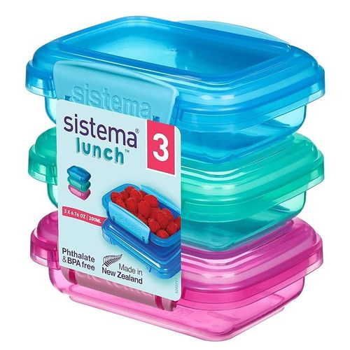 Sistema Lunch Food Storage Containers With Contrasting Clips, Green/Pink/Blue, 200 ml, Pack Of 3
