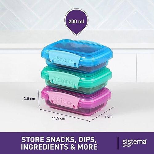 Sistema Lunch Food Storage Containers With Contrasting Clips, Green/Pink/Blue, 200 ml, Pack Of 3