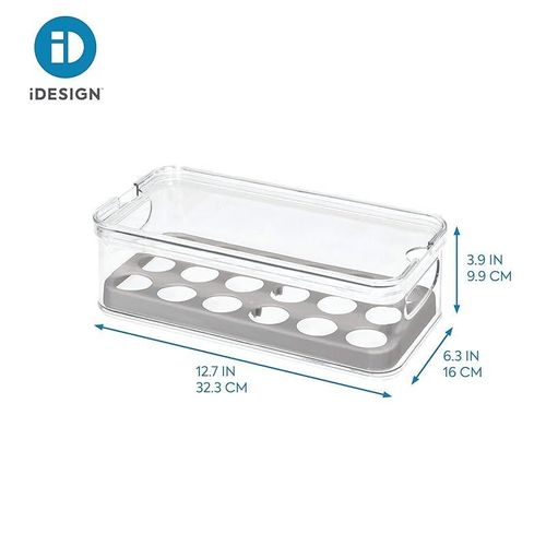 iDesign 71653 Crisp Plastic Refrigerator and Pantry Egg Bin, Modular Stacking Food Storage Box for Freezer, Fridge, Holds up to 18 Eggs, BPA Free, 12.72" x 6.32" 3.88", Clear Gray