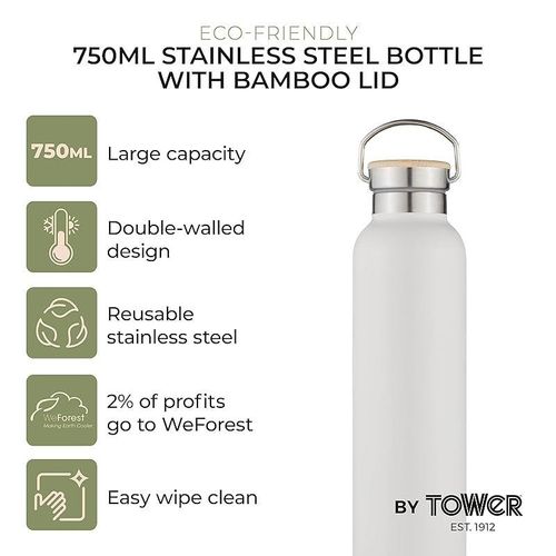 Tower Natural Life NL865026STN Stainless Steel Bottle with Bamboo Lid, 750ml Capacity, Crafted from Sustainable Materials
