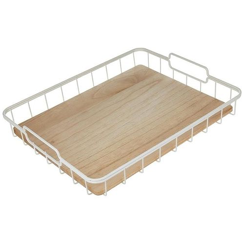 IDesign Metal and Paulownia Wood Serving Tray, 14.5-Inch x 17.5-Inch x 3.2-Inch Size, Beige