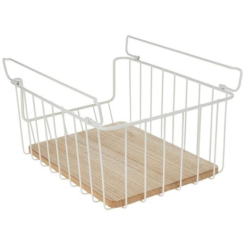 iDesign Wire and Paulownia Wood Open Front Bin, 14-Inch x 10-Inch x 6-Inch Size, White
