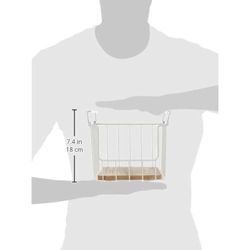 iDesign 709749 Wire and Paulownia Wood Open Front Bin, 10-Inch x 10-Inch x 8-Inch Size, White