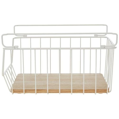 iDesign 709749 Wire and Paulownia Wood Open Front Bin, 10-Inch x 10-Inch x 8-Inch Size, White