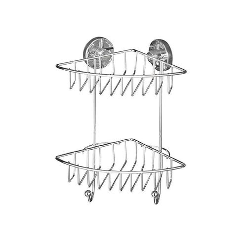 WENKO, Vacuum-Loc¬Æ Bathroom 2-Tier Corner Rack Bari, Steel, Adjustable Bath &amp; Shower Storage, Easy Install with No Drilling, 22.5x29.5x16cm, Chrome