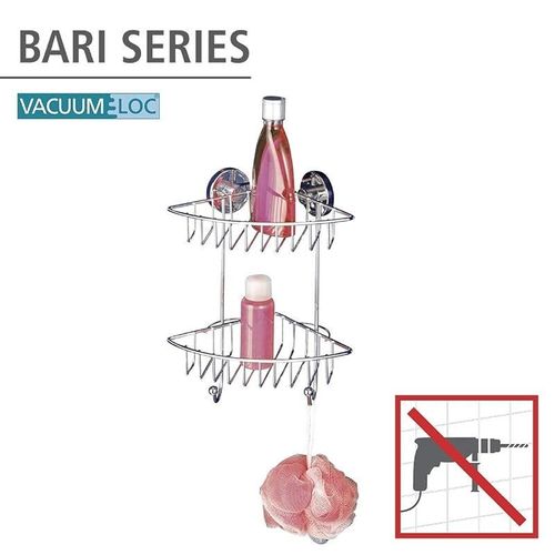 WENKO, Vacuum-Loc¬Æ Bathroom 2-Tier Corner Rack Bari, Steel, Adjustable Bath &amp; Shower Storage, Easy Install with No Drilling, 22.5x29.5x16cm, Chrome