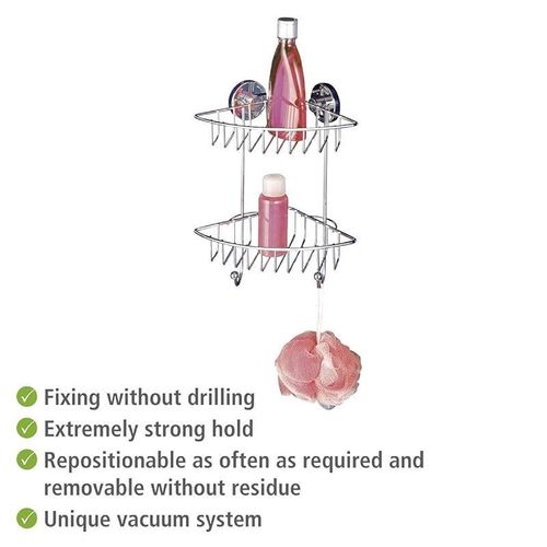 WENKO, Vacuum-Loc¬Æ Bathroom 2-Tier Corner Rack Bari, Steel, Adjustable Bath &amp; Shower Storage, Easy Install with No Drilling, 22.5x29.5x16cm, Chrome