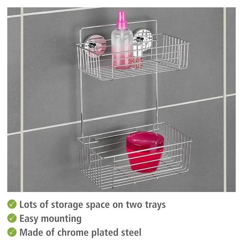 Wenko, Vacuum-Loc¬Æ Bathroom 2-Tier Wall Rack Bari, Steel, AdjUStable Bath &amp; Shower Storage, Easy Install With No Drilling, 26X38X17Cm, Chrome