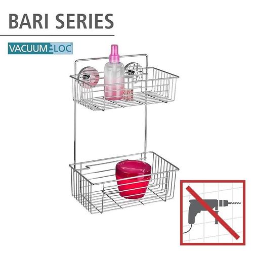 Wenko, Vacuum-Loc¬Æ Bathroom 2-Tier Wall Rack Bari, Steel, AdjUStable Bath &amp; Shower Storage, Easy Install With No Drilling, 26X38X17Cm, Chrome