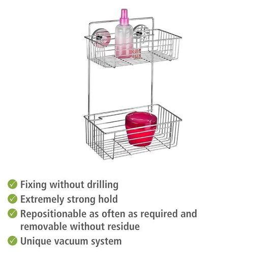 Wenko, Vacuum-Loc¬Æ Bathroom 2-Tier Wall Rack Bari, Steel, AdjUStable Bath &amp; Shower Storage, Easy Install With No Drilling, 26X38X17Cm, Chrome