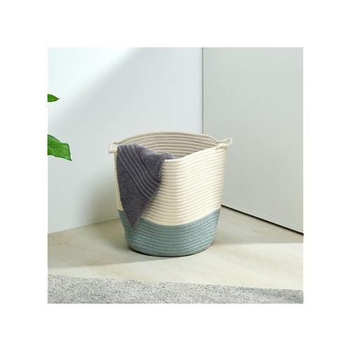 Homesmiths Cotton Rope Basket Upper Mouth White &amp; Green Dia30 X H30 Cm