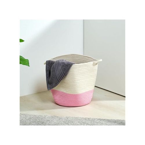 Homesmiths Cotton Rope Basket Upper Mouth White &amp; Pink Dia30 X H30 Cm