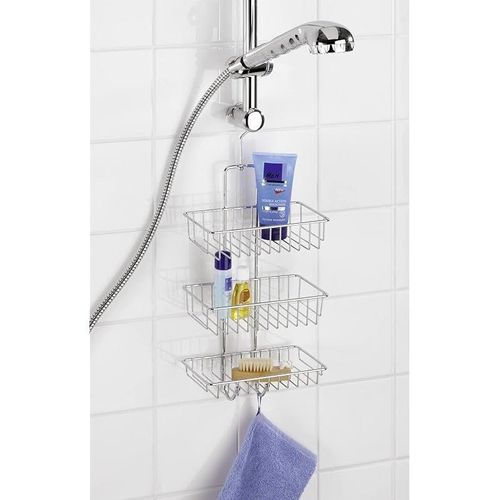 WENKO Exclusive shower caddy Nivala - shower rack with 3 shelves, 2 hooks, Steel, 22 x 50 x 13.5 cm, Chrome
