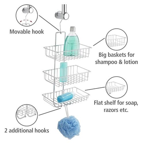 WENKO Exclusive shower caddy Nivala - shower rack with 3 shelves, 2 hooks, Steel, 22 x 50 x 13.5 cm, Chrome