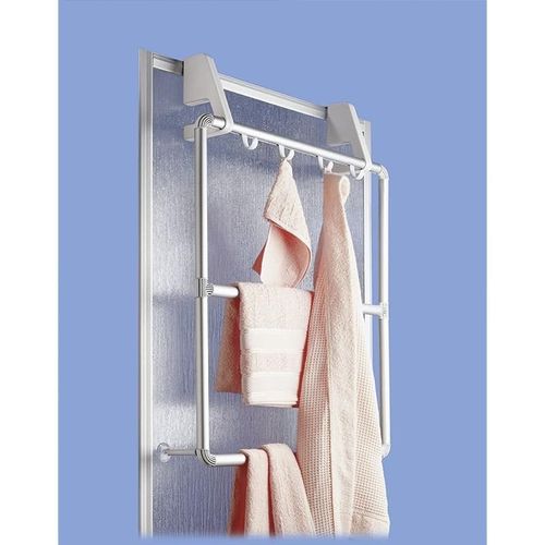 WENKO Door and Shower Cubicle Towel Holder, Aluminium, 4 Hooks, Compact, Convenient Organizer for Clothes, Hats, 62.5x78x14.5cm, Silver Matt