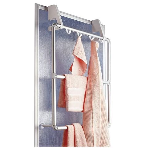 WENKO Door and Shower Cubicle Towel Holder, Aluminium, 4 Hooks, Compact, Convenient Organizer for Clothes, Hats, 62.5x78x14.5cm, Silver Matt