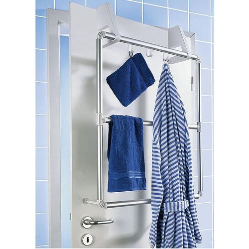 WENKO Door and Shower Cubicle Towel Holder, Aluminium, 4 Hooks, Compact, Convenient Organizer for Clothes, Hats, 62.5x78x14.5cm, Silver Matt