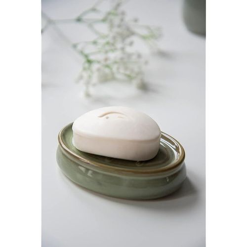 WENKO Sirmione Soap Dish Made of High-Quality Ceramic, Oval Shelf for Piece Soap, Soap Dish with Non-Slip Groove Structure, Soap Holder Diameter 12 x 3 cm, Decorative Utensil Holder Green/Copper