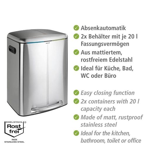 Wenko Pedal Bin Primo, Easy-Close, Stainless Steel 2 X 20 Liter