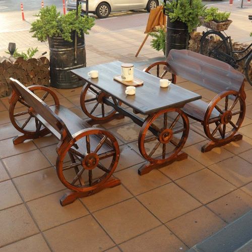 YATAI Wooden Wagon Wheel Bench and Table Set – Garden Bench and Table – Wooden Bench for Garden – Patio Bench and Table Set