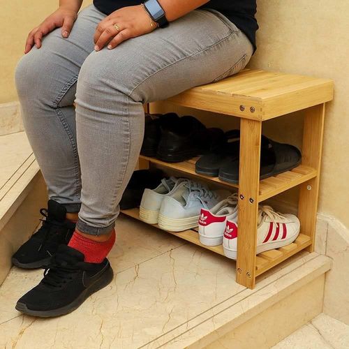 YATAI Bamboo Shoe Bench - 3 Tier Shoe Rack Storage Organiser - Shoe Storage Shelf Organizer Shoe Stand Ideal for Living Room Entryway Hallway – Wooden Storage Rack – Load Capacity Up To 100KG (Yellow)