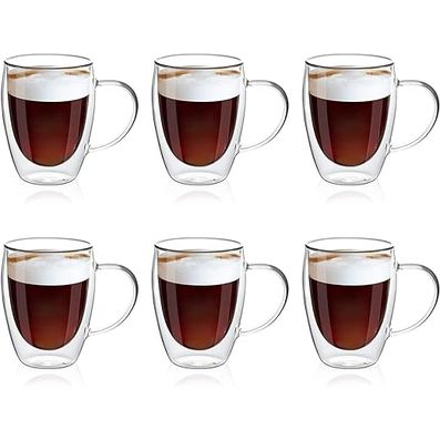 1CHASE Double Wall Insulated Glass Cup with Handle 250 ML (Set of 6) for Espresso Coffee Milk Tea
