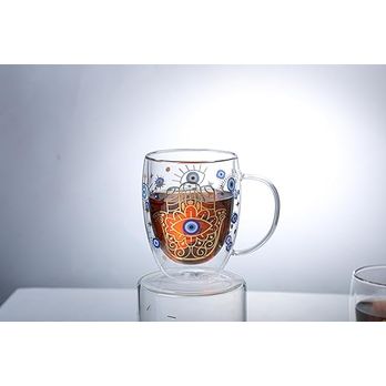 1CHASE® Borosilicate Evil Eye Printed Double Wall Glass with Handle and Straw 350 ML (Set of 2)