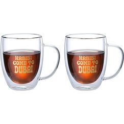 1CHASE® Borosilicate Double Wall "Habibi Come to Dubai" Printed Glass Cup with Handle and Straw 350 ML (Set of 2)