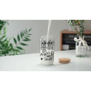 1CHASE® Borosilicate Positive Quote Printed Drinking Glasses With Bamboo Lid and Glass Straw and Cleaning Brush 550 ML (Set of 2)