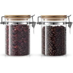 1CHASE® Borosilicate Glass Storage Jar With Clip and Airtight Bamboo Lid 750 ML (Set of 2)