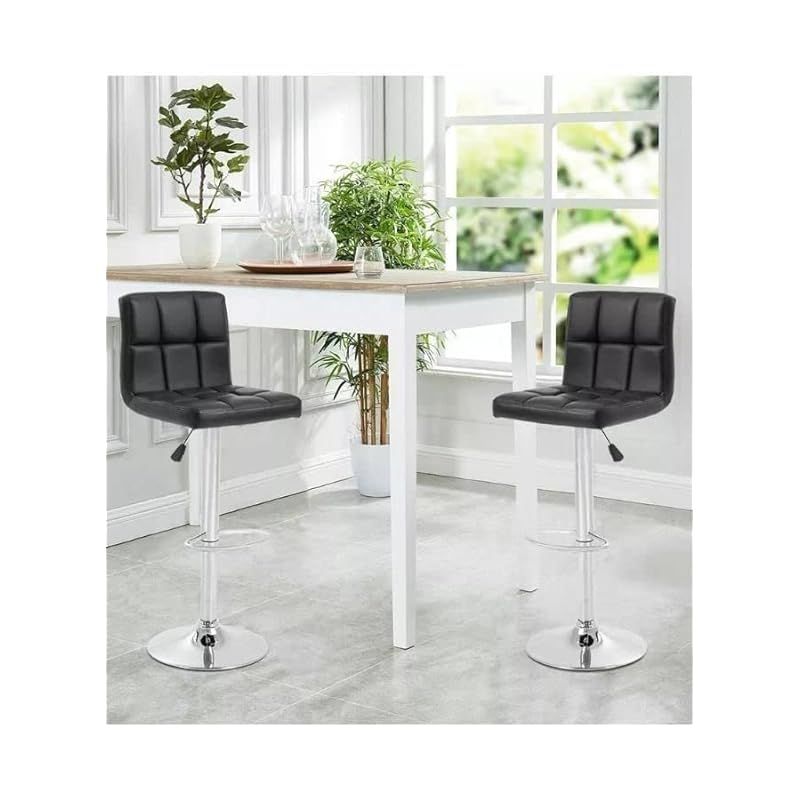 2 Piece Modern Height Adjustable Chair, Bar Chair, Bar Stool Set Leather Padded Stool Black/Silver1